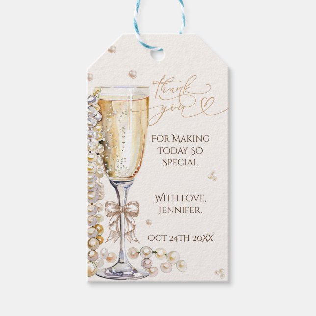 Pärlor & Prosecco Bröllopsdusch Tack Presentetikett (Framsidan)