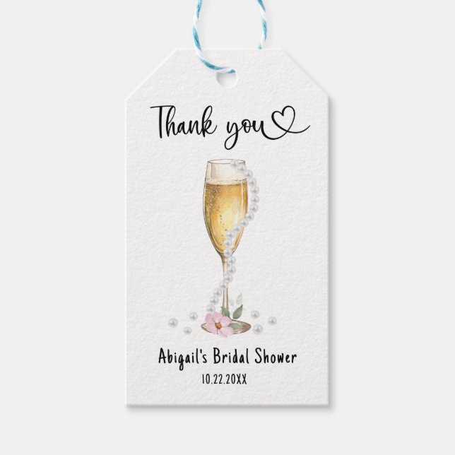 Pärlor & Prosecco Bröllopsfest före bröllopet Tack Presentetikett (Framsidan)