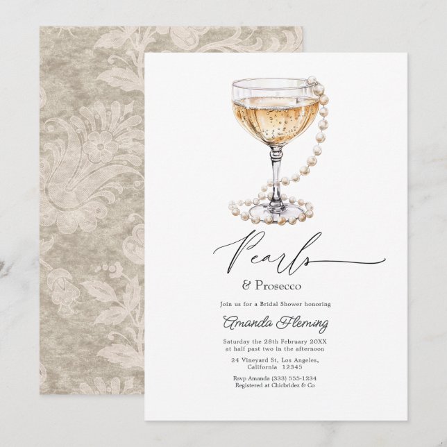 Pärlor & Prosecco Champagne Bröllopsdusch Inbjudningar (Fram/baksida)