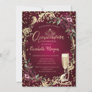 Pärlor Prosecco Diamant Burgunder Rosor Quinceañer Inbjudningar