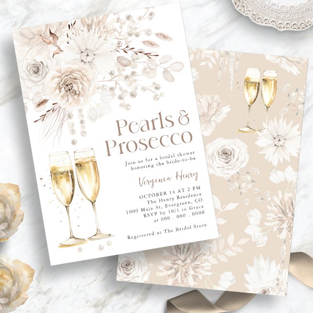 Pärlor Prosecco Elegant Bröllop Inbjudningar (Pearls Prosecco Elegant Bridal Invitation
)