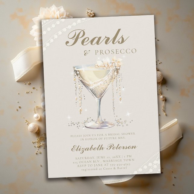 Pärlor Prosecco Elfenben Elegant Brunch Bröllopsfe Inbjudningar (pearls and prosecco bridal shower theme invitation card ecru ivory gold elegant modern chic)