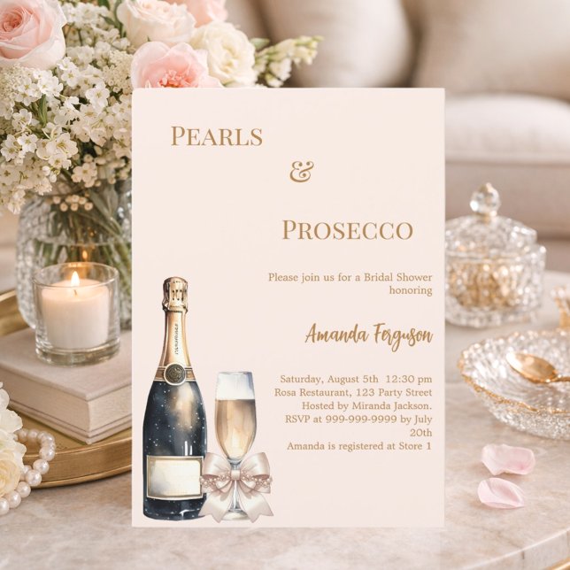 Pärlor Prosecco elfenbensros bröllopsdusch Inbjudningar (Skapare uppladdad)