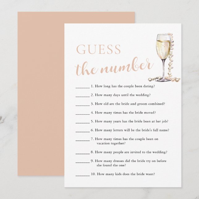 Pärlor & Prosecco Gissa numret Bröllopsspel Inbjudningar (Fram/baksida)