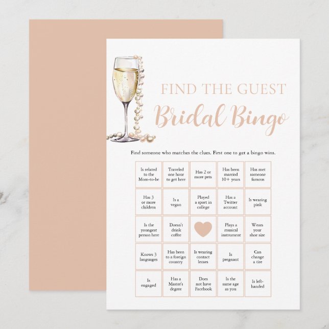 Pärlor & Prosecco Hitta Gäst Bröllopsbingo Inbjudningar (Fram/baksida)
