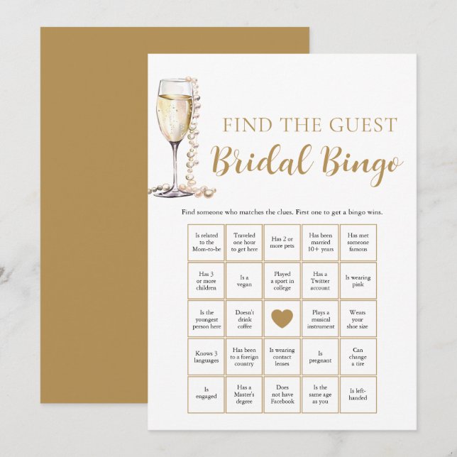 Pärlor & Prosecco Hitta Gäst Bröllopsbingo Inbjudningar (Fram/baksida)