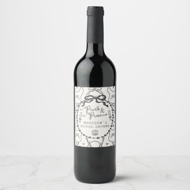 Pärlor & Prosecco Svart Band Bröllopsduschgåva Vinflaska Etikett (Framsida)