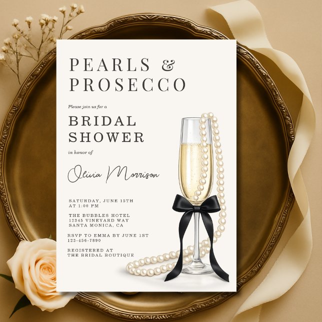 Pärlor & Prosecco Svart Coquette Bow Bröllopsfest Inbjudningar (Skapare uppladdad)