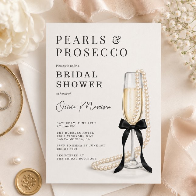 Pärlor & Prosecco Svart Coquette Bow Bröllopsfest Inbjudningar (Skapare uppladdad)