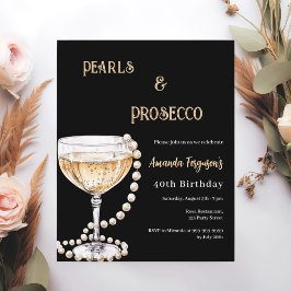 Pärlor Prosecco svart guld födelsedagsinbjudan
