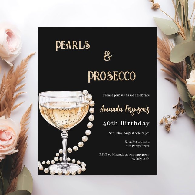 Pärlor Prosecco svart guld födelsedagsinbjudan (Skapare uppladdad)