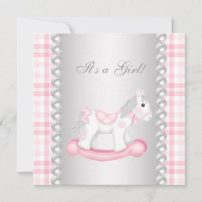 Pärlor Rosa Gingham Gunghäst Babyflicka Babyshower Inbjudningar (Framsida)