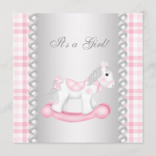 Pärlor Rosa Gingham Gunghäst Babyflicka Babyshower Inbjudningar
