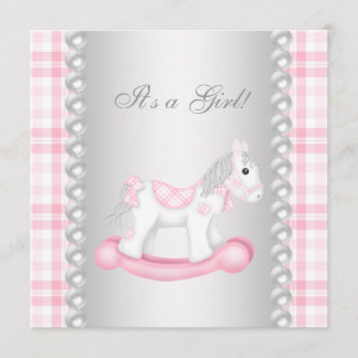 Pärlor Rosa Gingham Gunghäst Babyflicka Babyshower Inbjudningar