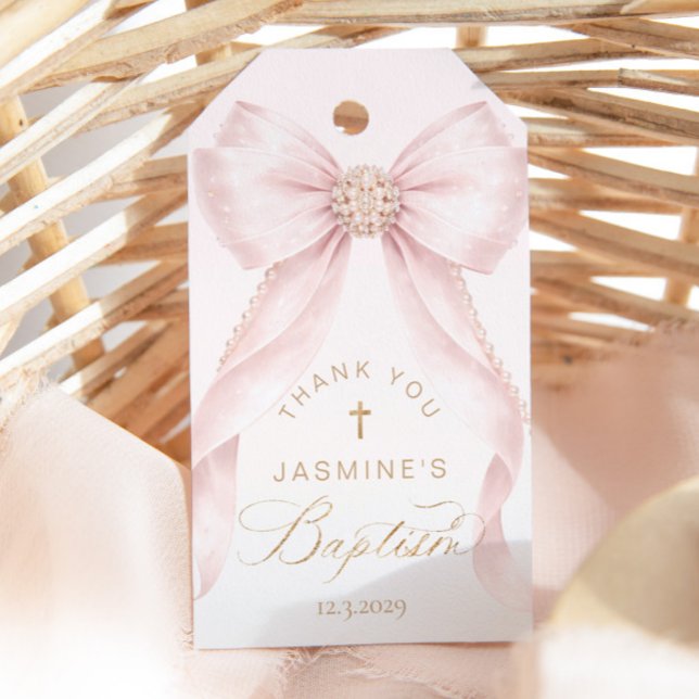Pärlor Rosa Slöja Dop Tack Presentetikett (Skapare uppladdad)