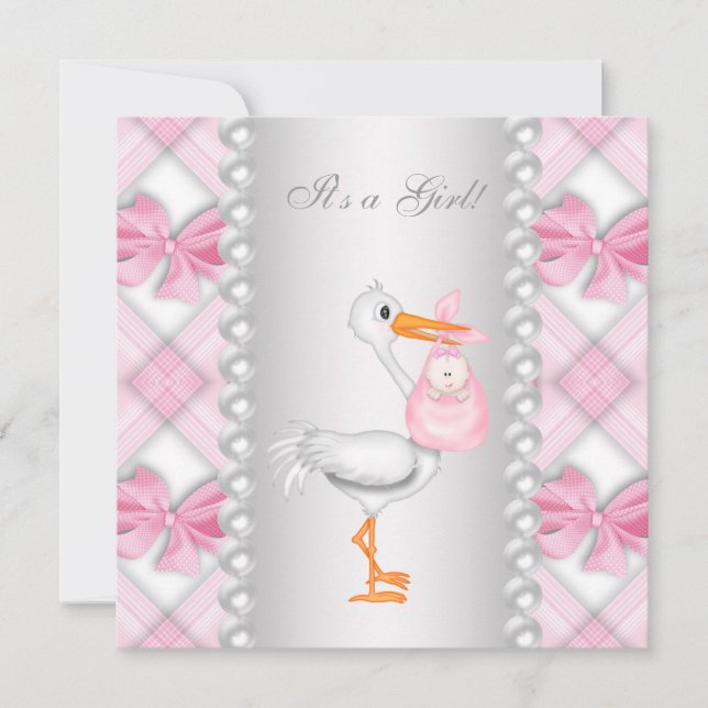 Pärlor Rosa Stork Barnkalas Inbjudningar (Framsida)
