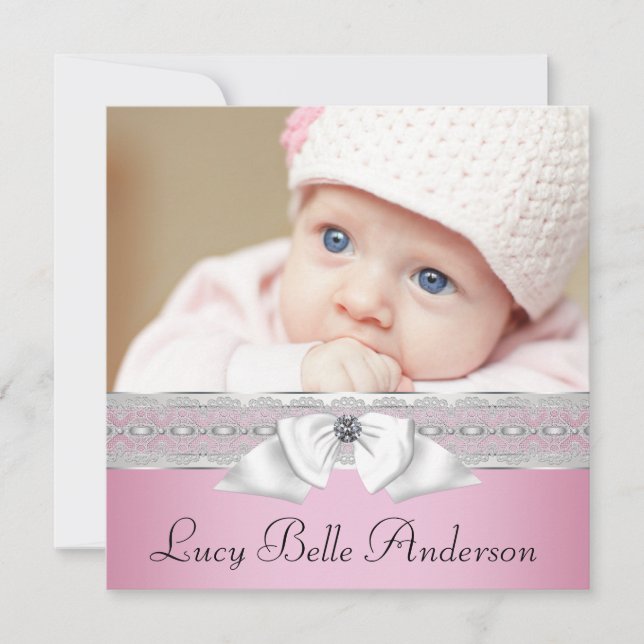 Pärlor Rosa Svart Babyflicka Foto Födelse Meddelande (Framsida)