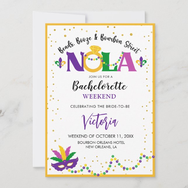 PÄRLOR, SPRIT och BOURBON STREET NOLA BACHELORETTE Inbjudningar (Framsida)