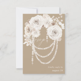 Pärlor & Vita Blommor med Måltid RSVP - Beige OSA Kort