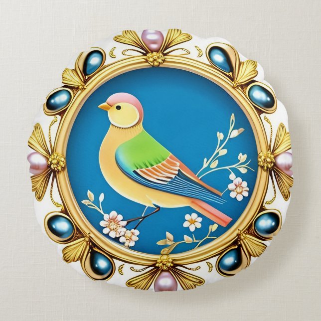 Pärlram Fågel Rund Kudd Elegant Dekor 🌸✨ Kudde (Framsidan)