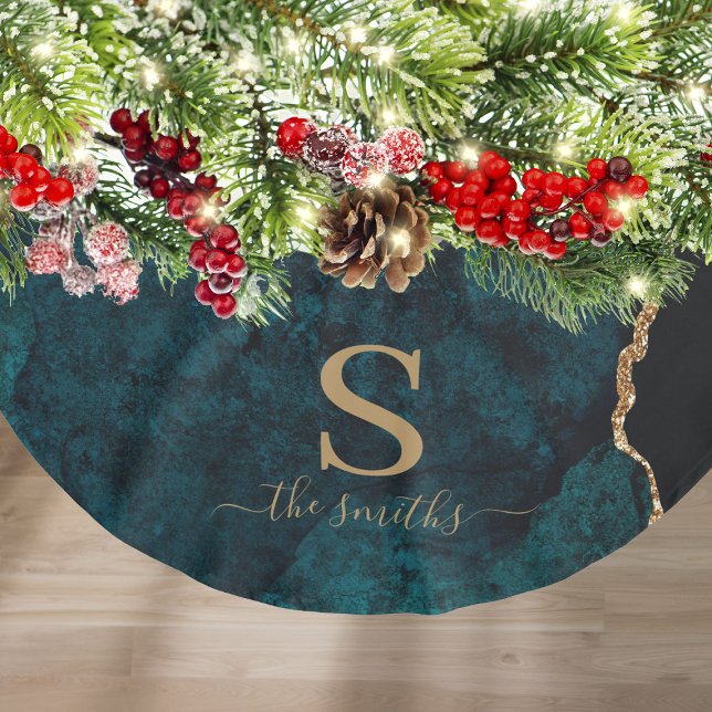 Pärmad smaragdgrön agat-marmor jul julgransmatta borstad polyester (Monogram Emerald Green Agate Marble Gold Christmas Brushed Polyester Tree Skirt
)