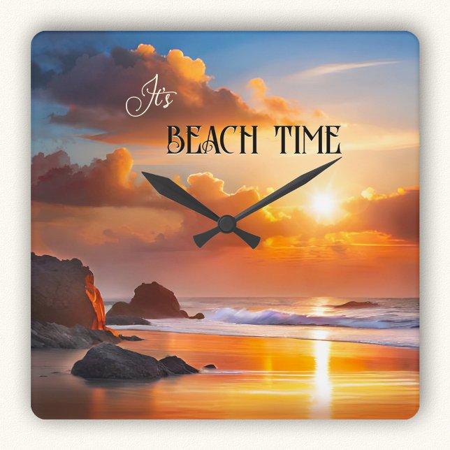 Parningstid solnedgångsfärg fyrkantig klocka (Wall clock featuring a colorful painting of a sunset on the beach)