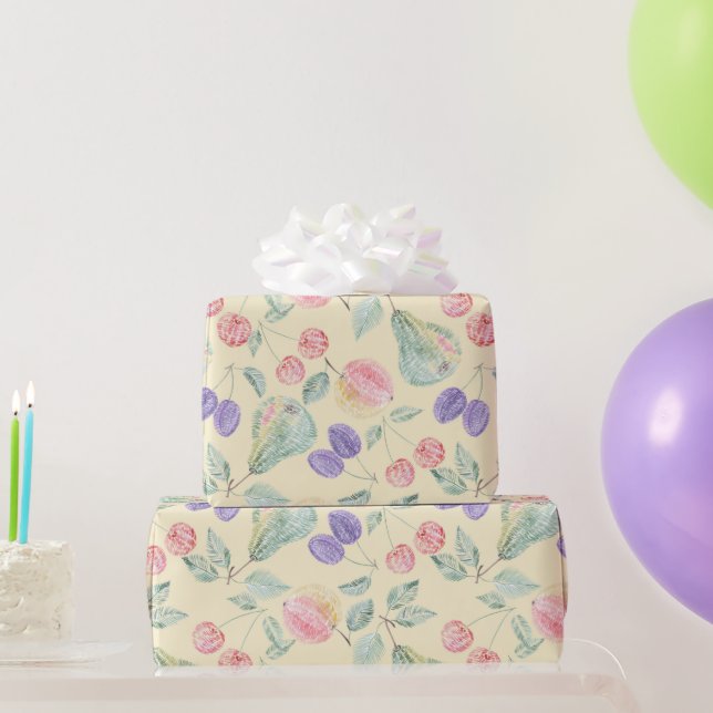 Päron, äpple, körsbär, plommon, fruktblandning, sn presentpapper (Festgåvor)