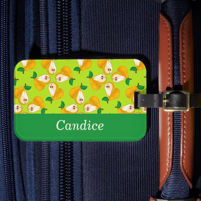 Päron för orange av eget namn på grönt bagagebricka (Framsida Insitu 4)