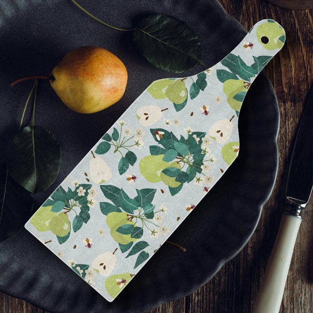 Päron och bin i en botanisk Blommigt Garden Kitche (Pears & Bees in a Botanical Floral Garden Kitchen Cutting Board)