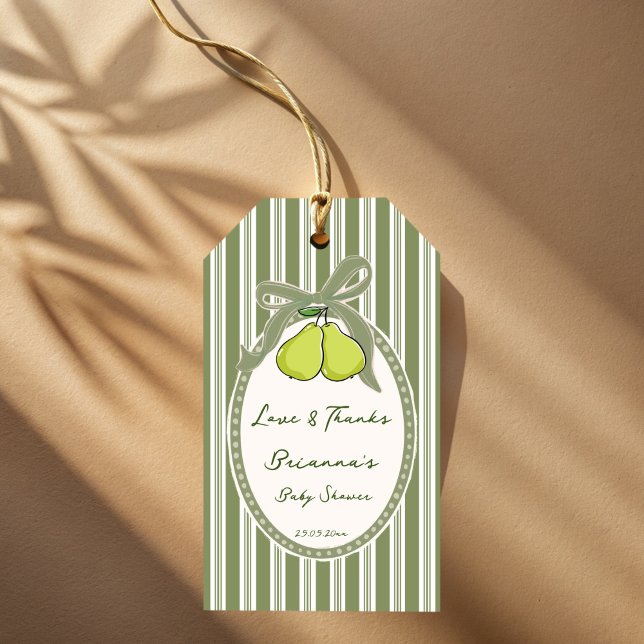 Päron-sagegröna retro-randiga baby shower-favor presentetikett (Pear sage green retro stripes baby shower favor gift tags personalized favor thank you tags)