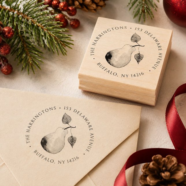 Pärons returadress Rund Handillustration Stämpel (This elegant pear address stamp features my own original art ringed by typography in a circle.)