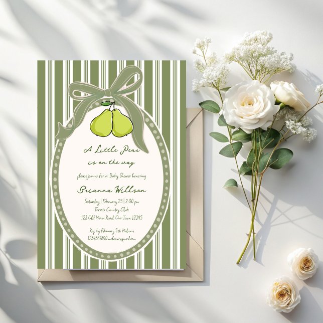 Päronsage gröna retro-ränder baby shower inbjudningar (Pear vintage sage green retro stripes preppy baby shower invitation cards template)
