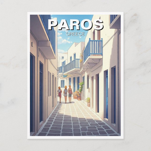 Paros Greece Islands Cobblestone Street Teckning Vykort (Framsida)