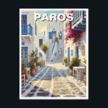 Paros Greece Islands Travel Watercolor Vykort<br><div class="desc">Paros, Grekland, är en juvel av Kykladerna som är känd för sin vackra och ikoniska arkitektur. Paros fångar de grekiska öarnas kvintessentiella charm med sitt vitvällda byggnad accentuerat av pulserande blåa skuttrar och kaskadande bougainvillea. Denna serendestination är känd för sin kullstensgata, kristallklar vatten och välkomnande atmosfär. Besökare dras till Paros...</div>
