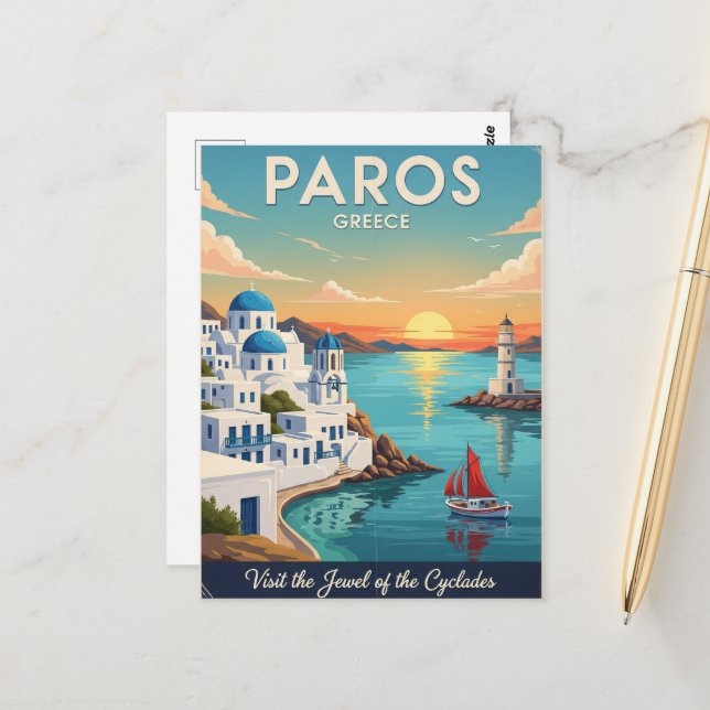 Paros Greece Travel Art Vintage Vykort (Fram/Back In Situ)
