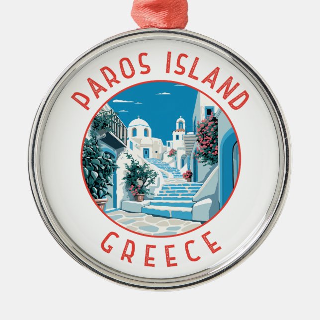 Paros Island Greece Retro Distress Circle Julgransprydnad Metall (Framsidan)