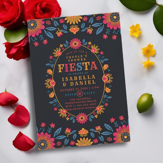 Parppelvisare för Fiesta Coed Mexican Rancho Bröll Inbjudningar (rancho mexican wedding couple shower invitation fiesta hacienda watercolor flowers elegant jack jill)