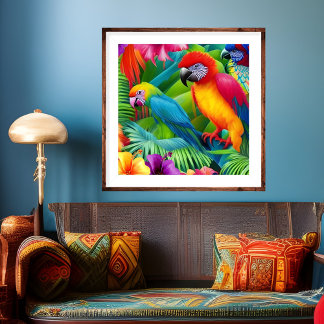 Parrot 3 Fåglar Tropiska Blommigten handflatan blå Poster
