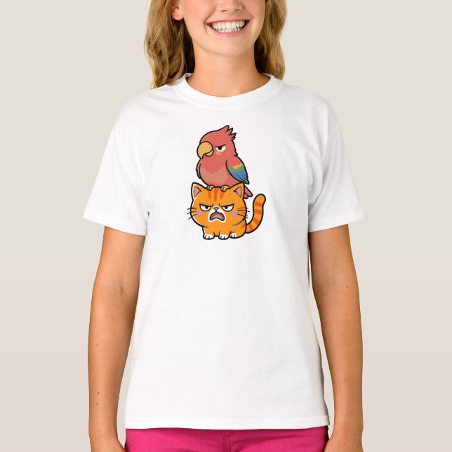 Parrot and Orange Cat T Shirt (Framsida)