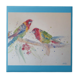 Parrot art Watercolor Painting Aqua Teal Kakelplatta