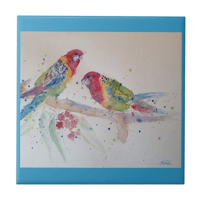 Parrot art Watercolor Painting Aqua Teal Kakelplatta (Framsidan)