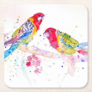 Parrot art Watercolor Painting Aqua Teal Underlägg Papper Kvadrat