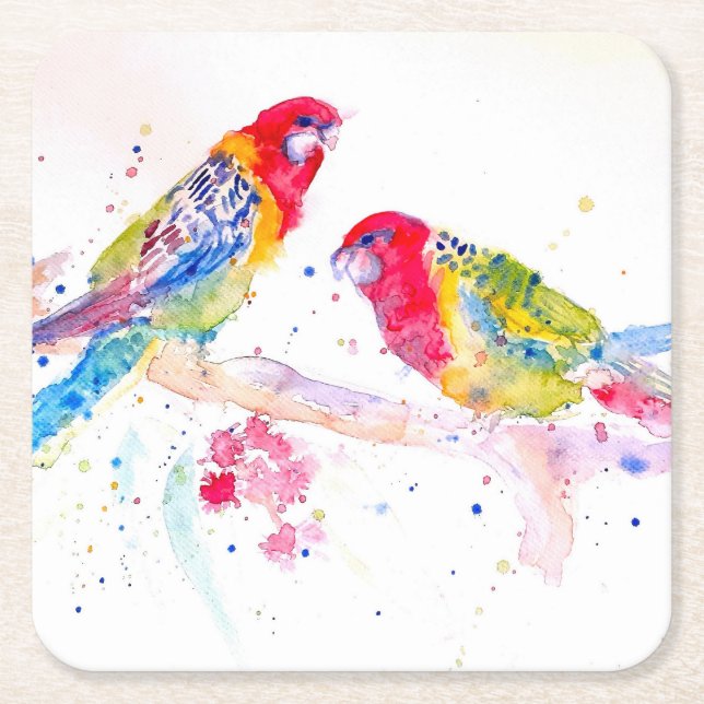 Parrot art Watercolor Painting Aqua Teal Underlägg Papper Kvadrat (Framsidan)