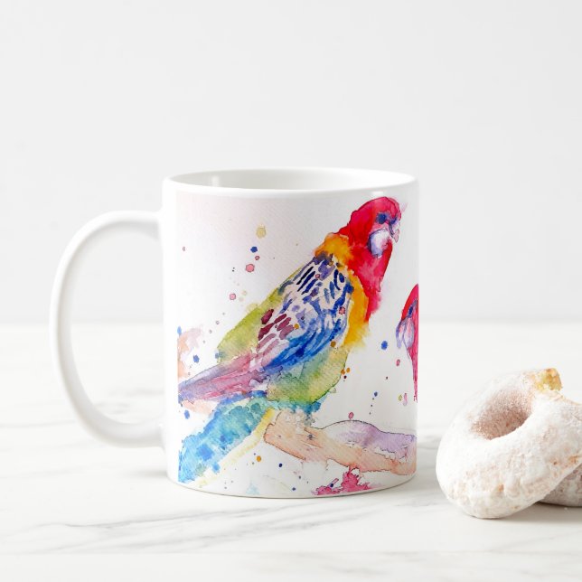Parrot art Watercolor Painting Red Blue Colorful Kaffemugg (Med munk)