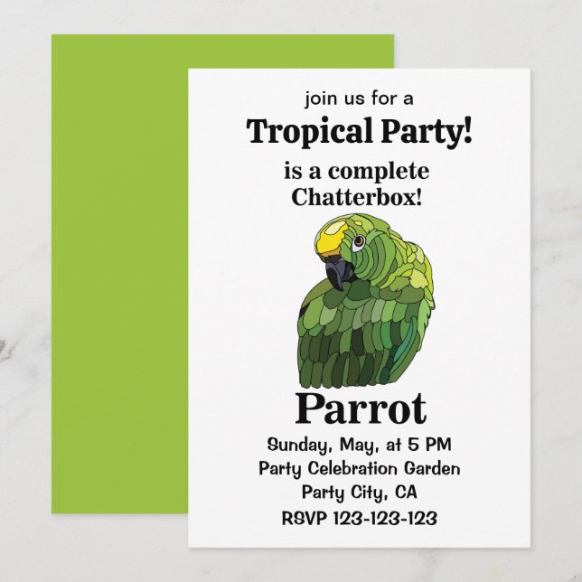 Parrot Bird Chatterbox Funny Tropical Party Inbjudningar (Fram/baksida)