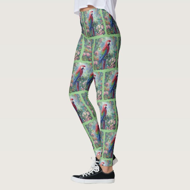 Parrot Bird Jungle Blommigt Impressionism Painting Leggings (Vänster)