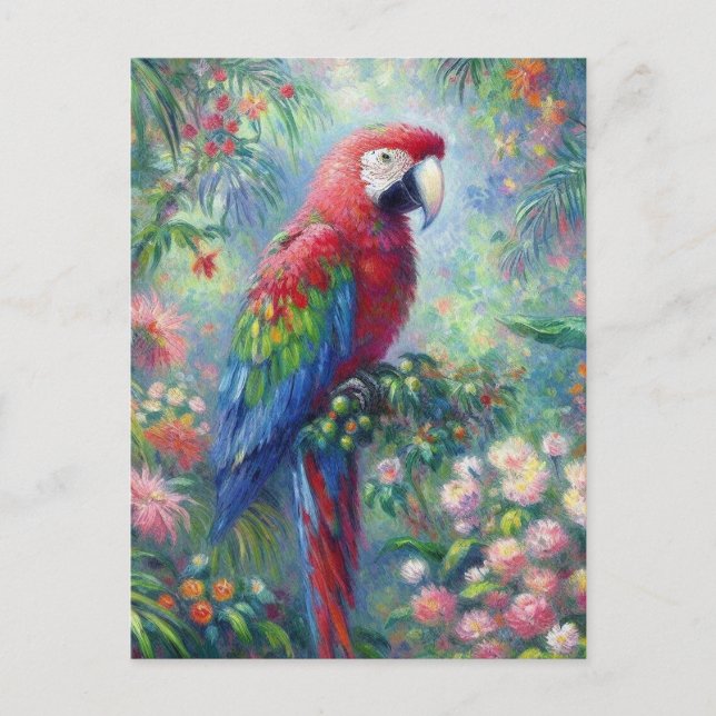 Parrot Bird Jungle Blommigt Impressionism Painting Vykort (Framsida)