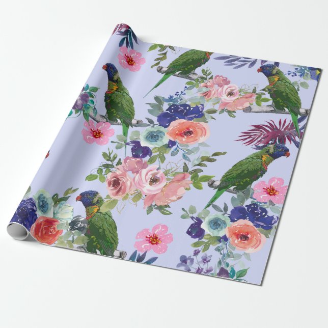 Parrot bland blommorna presentpapper (Utrullad)