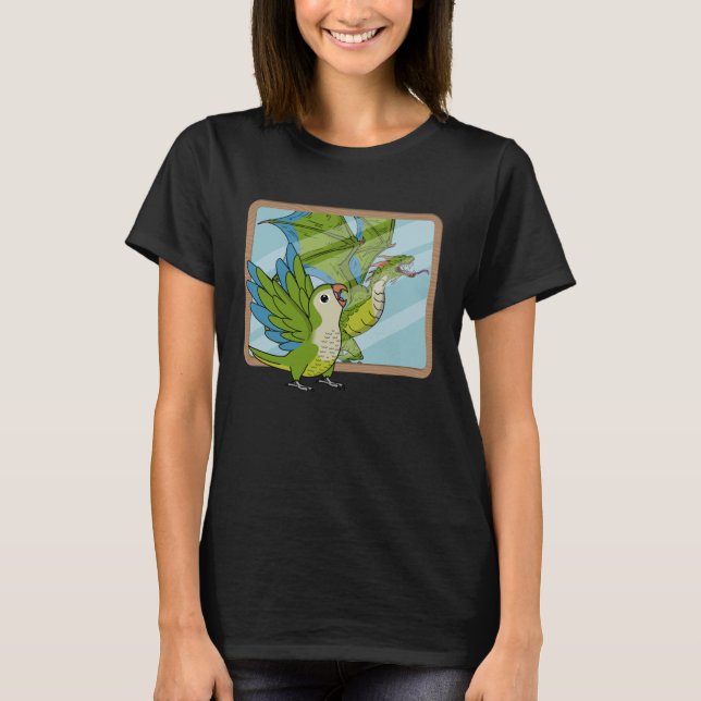 Parrot & Dragon Reflection I Grönt Munk Parakeet Q T Shirt (Framsida)