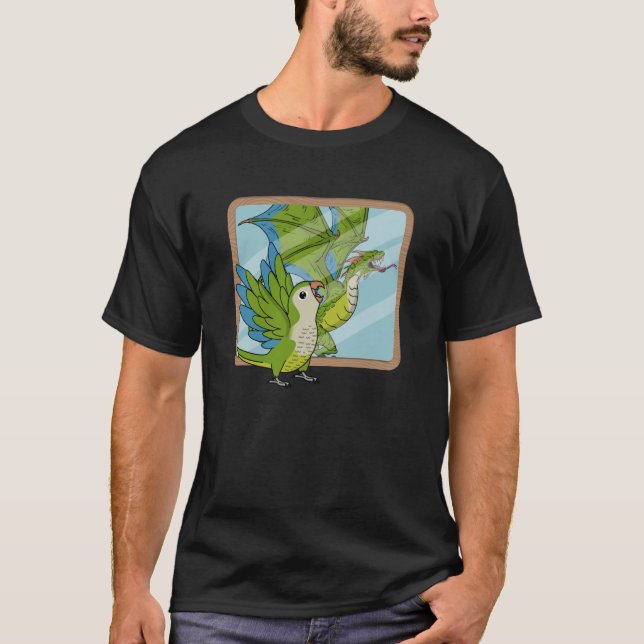 Parrot & Dragon Reflection I Grönt Munk Parakeet Q T Shirt (Framsida)